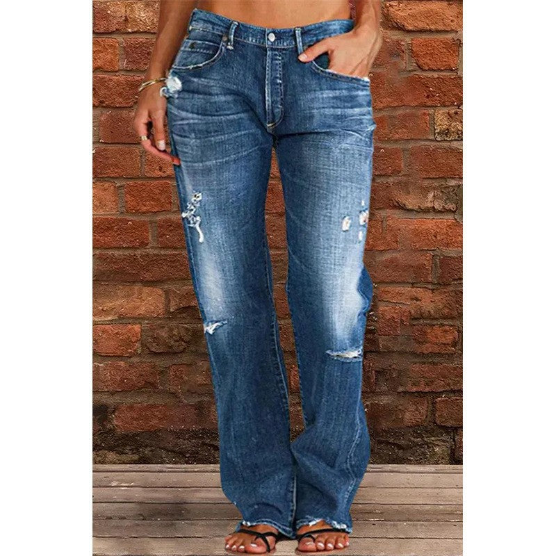 Floral-bud High-waist Raw-edge Jeans For Women