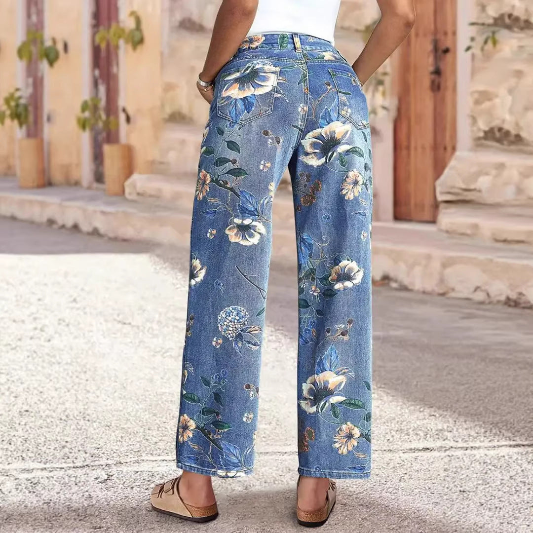 Retro Print Loose Wide-leg Denim Jeans Women