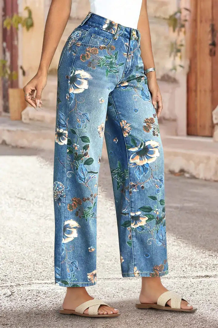 High Waist Straight Leg Jeans Vintage Floral Print Denim Pants