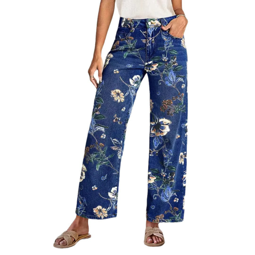 Retro Print Loose Wide-leg Denim Jeans Women