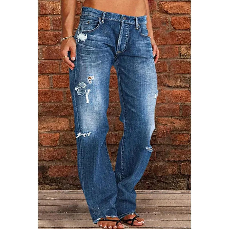 Floral-bud High-waist Raw-edge Jeans For Women