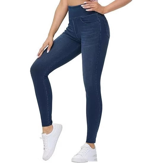 High-waisted Faux Denim Pants With Two Pockets