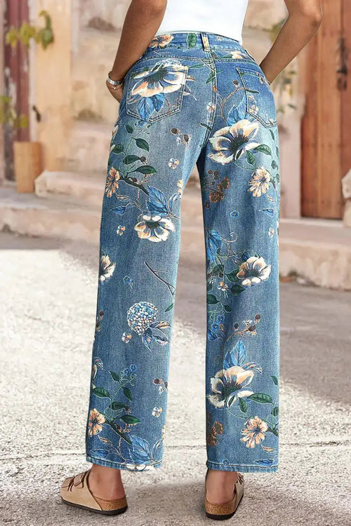 High Waist Straight Leg Jeans Vintage Floral Print Denim Pants