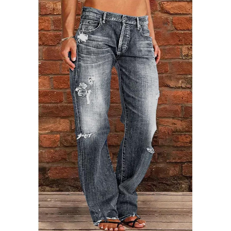 Floral-bud High-waist Raw-edge Jeans For Women