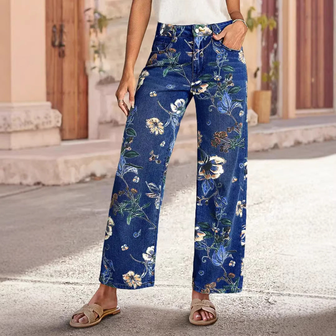Retro Print Loose Wide-leg Denim Jeans Women