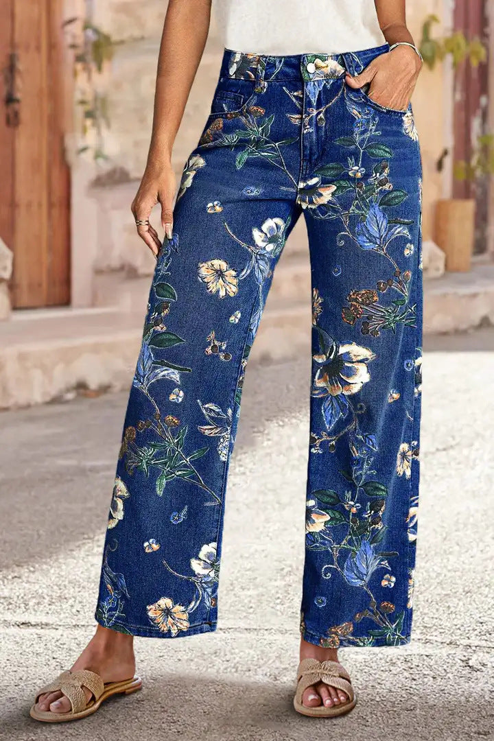 High Waist Straight Leg Jeans Vintage Floral Print Denim Pants