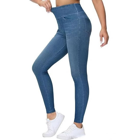 High-waisted Faux Denim Pants With Two Pockets