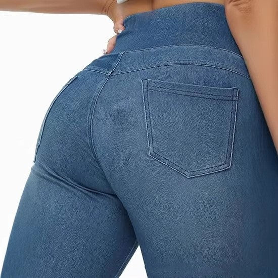 High-waisted Faux Denim Pants With Two Pockets