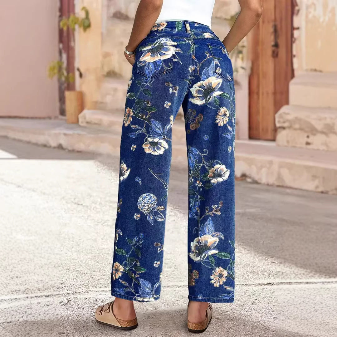 Retro Print Loose Wide-leg Denim Jeans Women