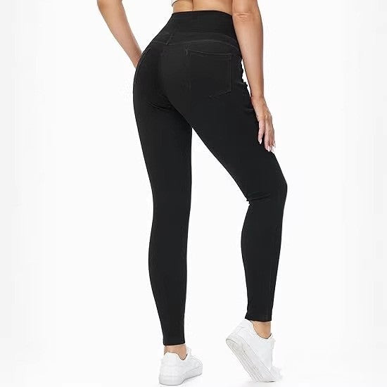 High-waisted Faux Denim Pants With Two Pockets