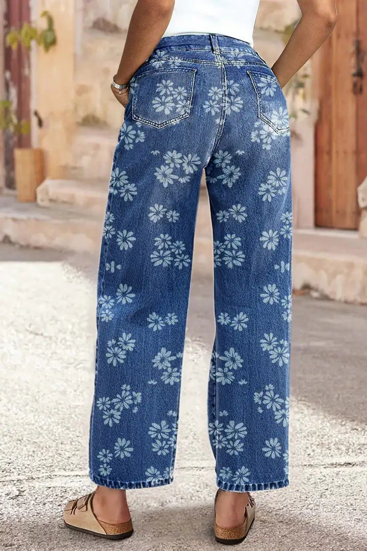 High Waist Straight Leg Jeans Vintage Floral Print Denim Pants