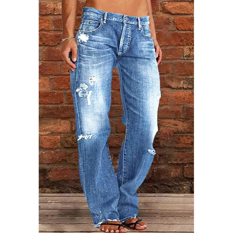 Floral-bud High-waist Raw-edge Jeans For Women
