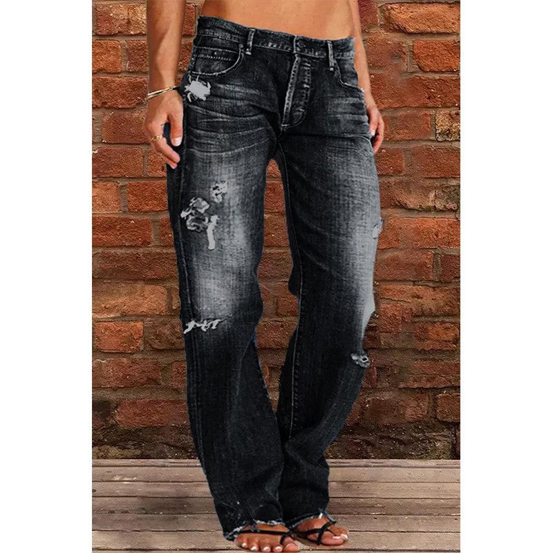 Floral-bud High-waist Raw-edge Jeans For Women