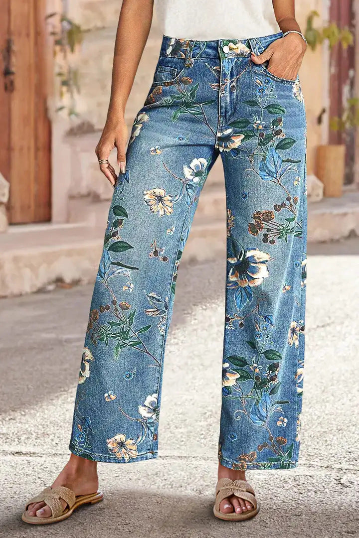 High Waist Straight Leg Jeans Vintage Floral Print Denim Pants