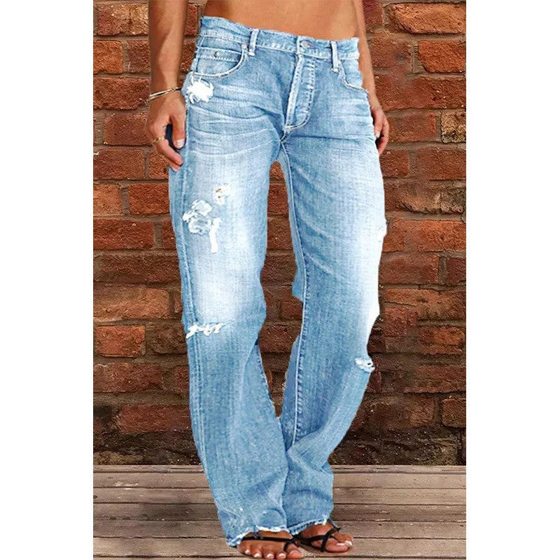 Floral-bud High-waist Raw-edge Jeans For Women